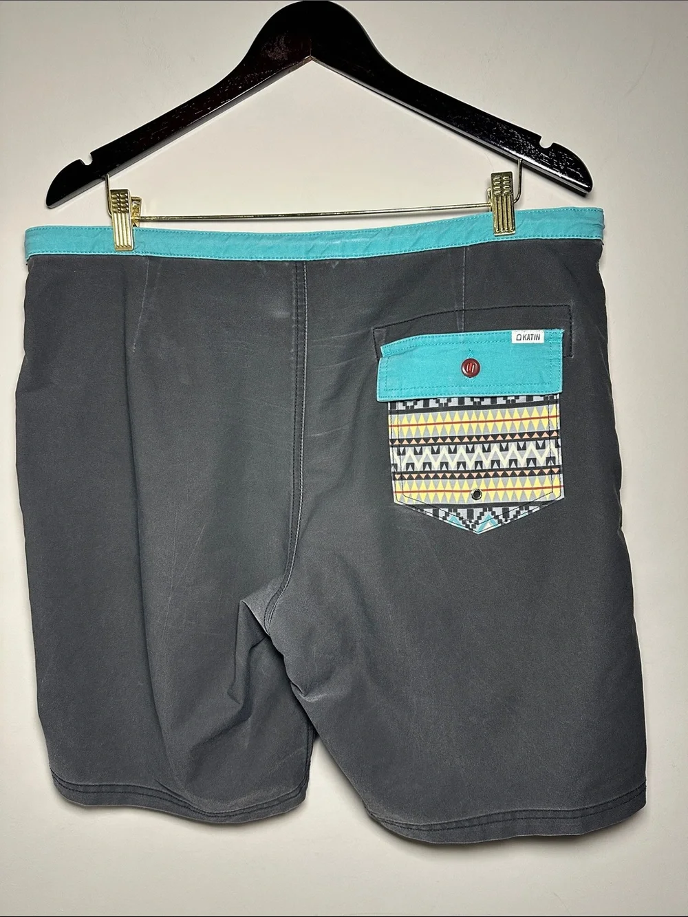 Katin Men's Gray Aztec-Stripe Swim Trunks with Aqua Waistband